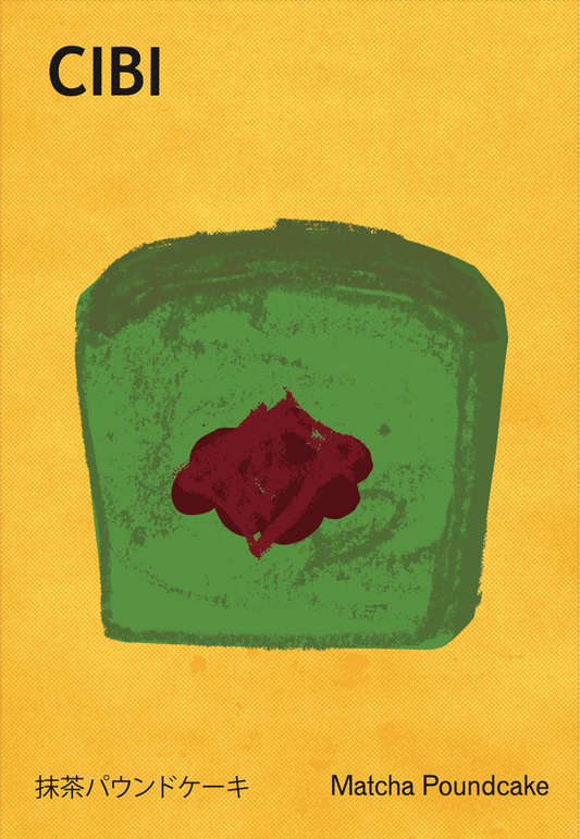 Matcha green tea-themed postcard from Bake Market Special Postcard collection by CIBI Tokyo Store, featuring vibrant matcha illustration.