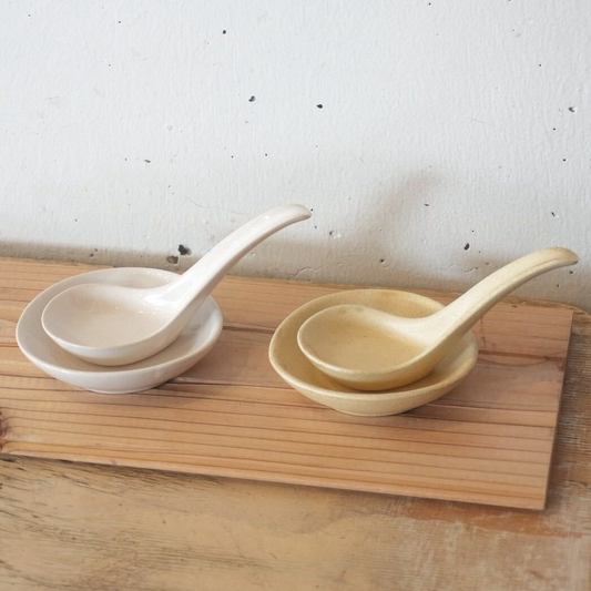 Haseen small soup ladle with a matching plate, traditional Japanese ceramic utensil for serving soups and broths.