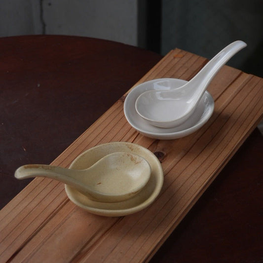 Haseen small soup ladle with a matching dish, traditional Japanese kitchenware for serving soups and broths.